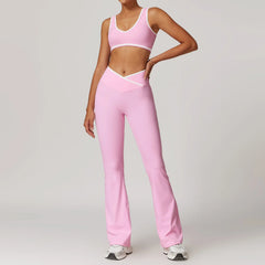 Person wearing a pink sports bra and leggings set 