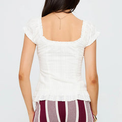 White Ruffled Trim Sweetheart Bubble Short Sleeve Top