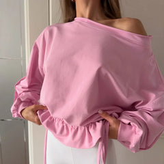 Off Shoulder Drawstring Hem Sweatshirt