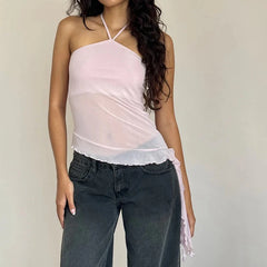Asymmetric Hem Mesh Halter Tank Top