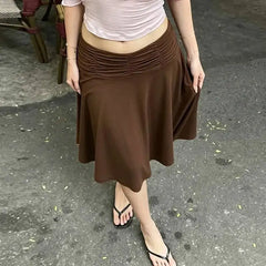 Brown Pleated Waist Midi Skirt