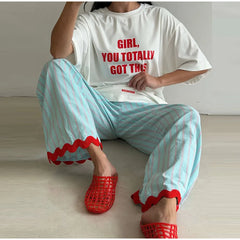 Striped Contrast Wave Cut  Wide Leg Pants