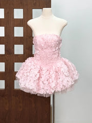 Strapless 3D Flower Appliques Frill Mini Dress