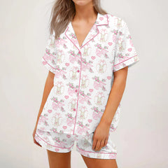 Bunny Bow/Clover Short Sleeve Button-up Top And Shorts  Pajama Set