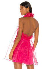 Pink Mesh Ruffles Halter Neck Mini Dress