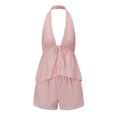 Halter Button Sleeveless Top And Shorts Set
