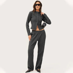 Ribbed Fabric Knit Long-Sleeved Top And Long Pants Leisure Set