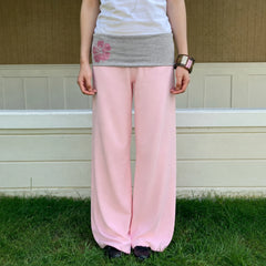 Pink Low Waisted Floral Embellished Straight Leg Pants