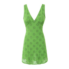 Green Embroidery Deep V neck Tie Bow Sashes Back Mini Dress