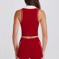 Red sports outfit with white trim back view