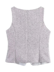 Grey Tweed Sleeveless Vest And Puff Mini Skirt Set