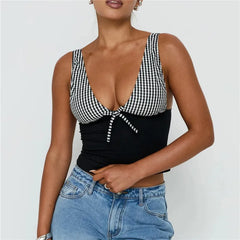 Gingham Patchwork Deep V-Neck Front Tie Sleeveless Crop Top