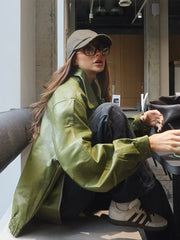 Olive Green Zipper Pu Leather Jacket