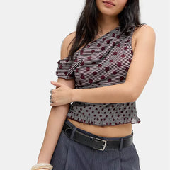 Off Shoulder Polka Dot Print Ruffle Hem Tank Top