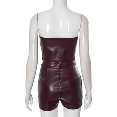 PU Leather Tube Crop Top And Zipper Skort Two Piece Set