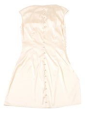 Draped neck satin button mini dress with pleated silhouette.