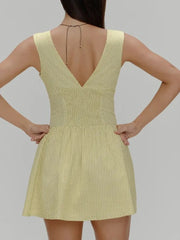 Yellow Polka Dot V-neck Button Up Mini Dress