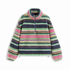 Half Zip Striped Stand Collar Fuzzy Sweatshirt