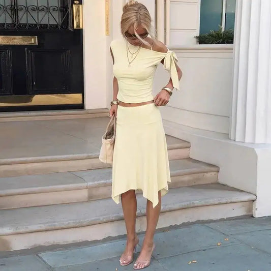 Off-Shoulder Tie Crop Top And Midi Skirt Set