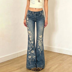 Low Waist Floral Embroidery Flare Denim Jeans