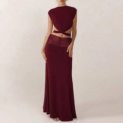 Bandage Tie Up Crop Top & Sequin Strap Long Skirt Set