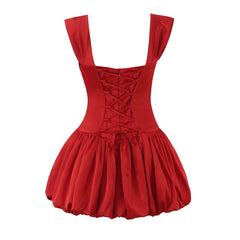 Satin Off-Shoulder Corset Bubble Hem Mini Dress