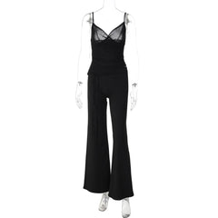 Black Mesh Camisole Top and Low-Rise Flared Pants Set