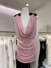 Pink Sequin Cowl Deep Neck Bow Strap Sheer Mini Dress