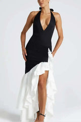 Deep V-neck Ruffles High Split Maxi Dress