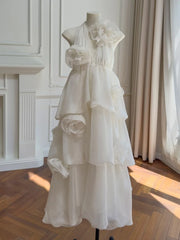 White Halter 3D Floral Tiered Bud Maxi Dress