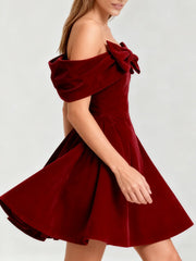 Bowknot Velvet  Slash Neck Mini Dress