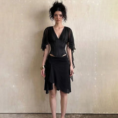 Black V-Neck Frill Slit Sleeve Top And Midi Irregular Skirt Set