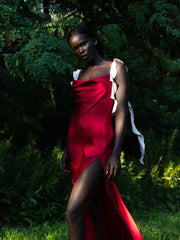 Red Satin Frill Strap Midi Dress