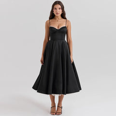 Satin Tulle Flare Strap Cupped Midi Dress