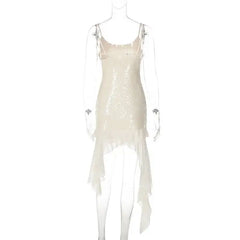 White Sequin Ruffle Hem Midi Dress