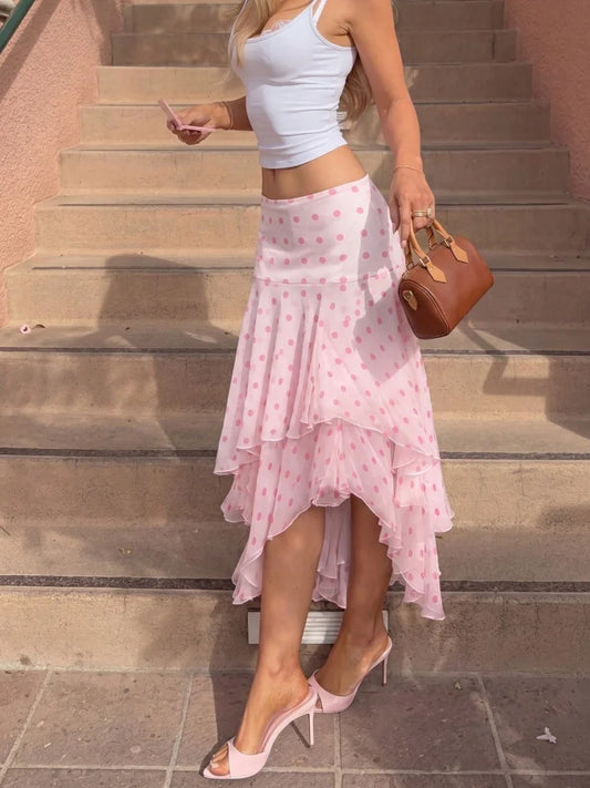 Pink Polka Dot Frill Midi Skirt