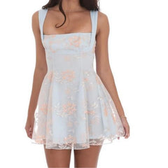 Blue Sequin Mesh Strap Mini Dress