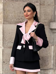 Black Blazer With Pink Satin Satin Contrast And Mini Skirt Set