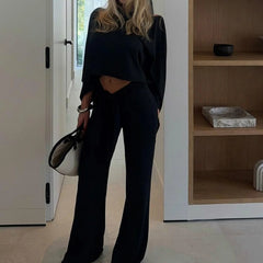 Black Cross Tied High Rise Long Pants