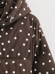 Polka Dot Zip Up Drawstring Hem Hooded Jacket