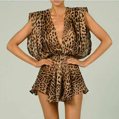 Deep V-neck Print Leopard High Waist Mini Dress