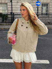 Khaki Double Breasted Side Pocket Cropped Jacket