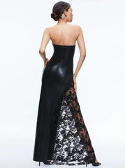 Black Faux Leather Lace Patchwork Tube Maxi Dress