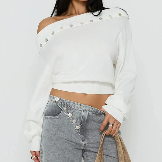 Off Shoulder Button Decor Long Sleeve Knitted Top