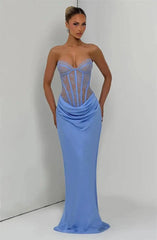 Strapless Lace Corset Satin Drape Maxi Dress