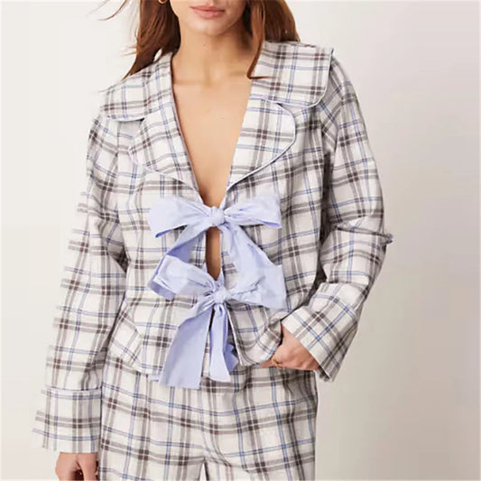 Long Sleeve Bow Tie Front Plaid Tops with Elastic Waist Pants Sleepwear Set