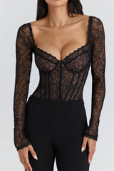 Black Lace Long Sleeve Corset Bodysuit