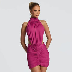 Bodycon Ruched Open-Back High-Neck Mini Dress