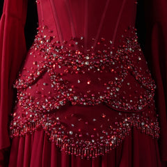 Cape Sleeve Chiffon Tiered Petals Sequined Pearl Embellished Gown