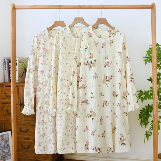 Flower Printed Cotton Long Sleeve Nightdress